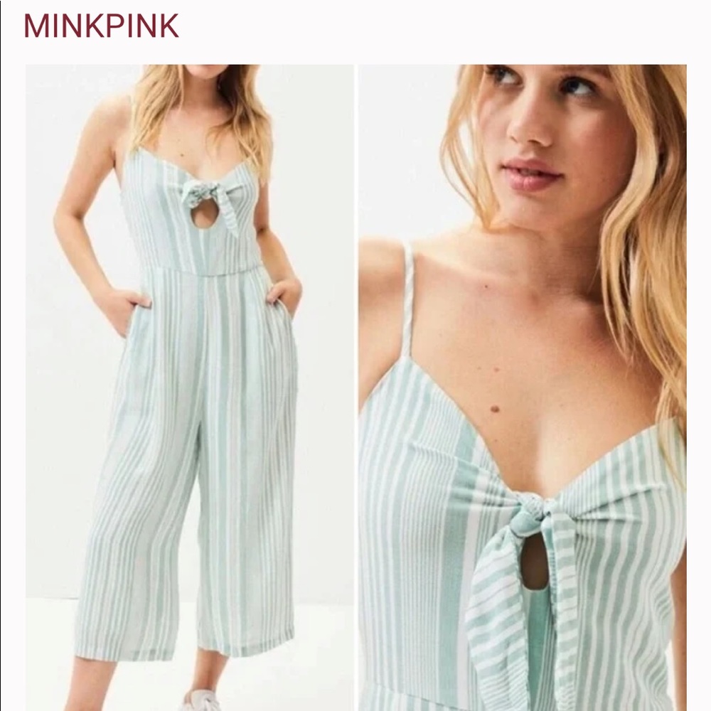 Minkpink Sage & White Striped Wide Leg Jumpsuit